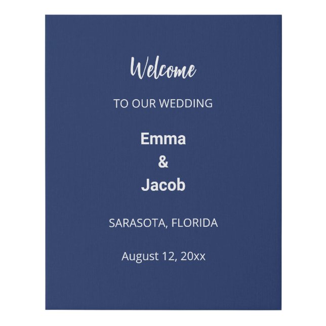 Modern Navy Blue Wedding Welcome Sign Faux Canvas (Front)