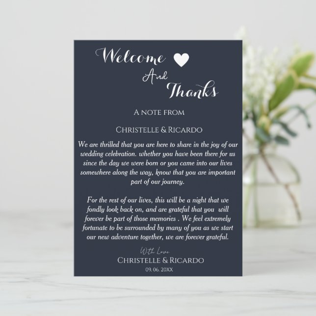 Modern navy blue  welcome and thank you wedding  (Standing Front)