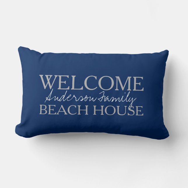 Modern navy blue Welcome beach house family name Lumbar Pillow (Front)