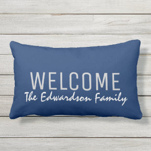 Modern navy blue Welcome Family monogram custom Lumbar Pillow