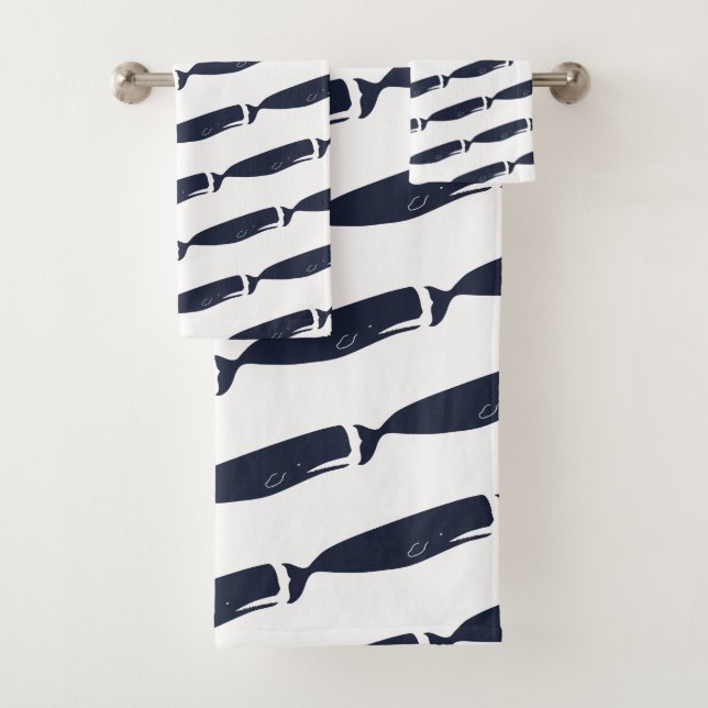 Modern Navy Blue Whales Bath Towel Set (Insitu)