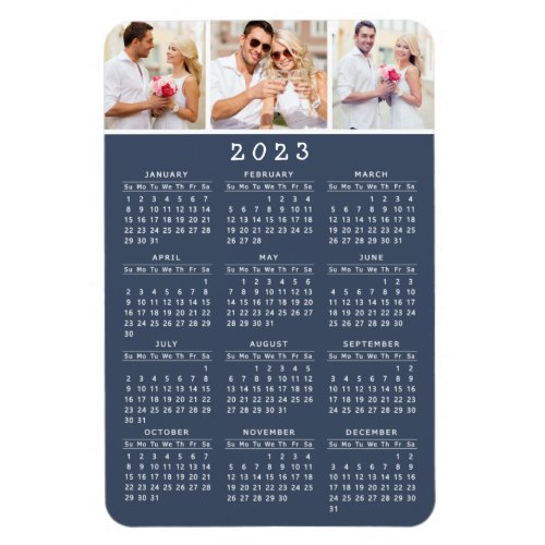 Modern Navy Blue White 2023 Photo Calendar Magnet