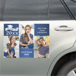 Modern Navy Blue White 3 PHOTO Graduation Car Magnet