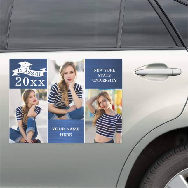 Modern Navy Blue White 3 PHOTO Graduation Car Magnet (In Situ)