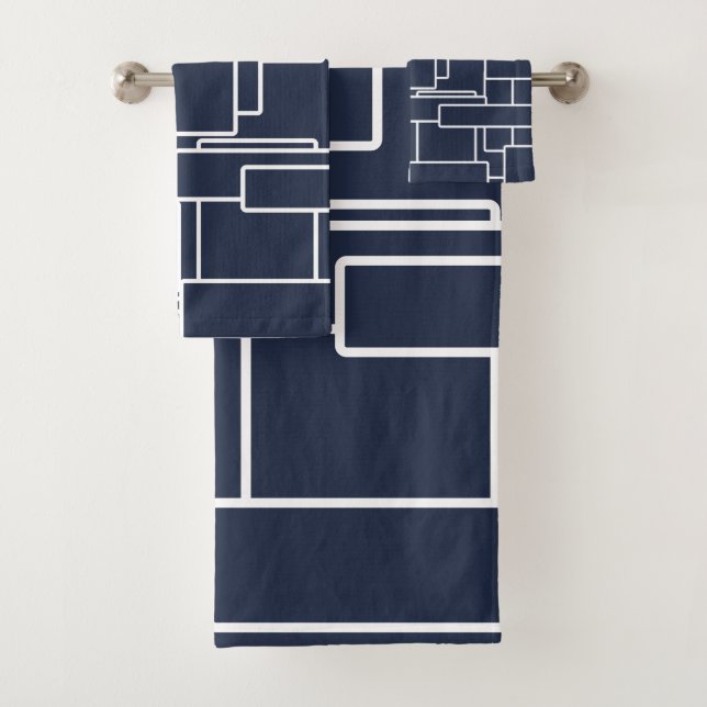 Modern Navy Blue & White Abstract Geometric Bath Towel Set (Insitu)