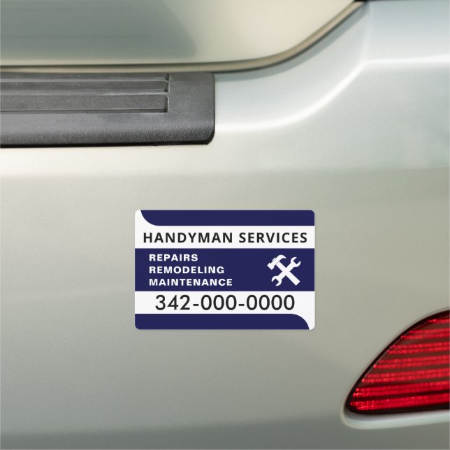 Modern  navy blue, white bands handyman services car magnet (In Situ)