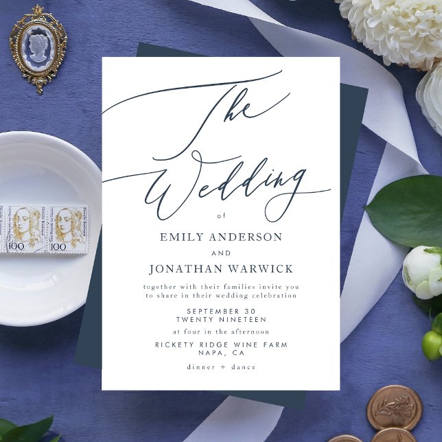 Modern Navy Blue White Calligraphy The Wedding Invitation (Creator Uploaded)