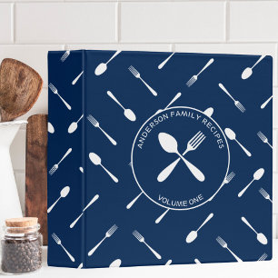 Modern Navy Blue & White Cooking Utensils Recipe 3 Ring Binder