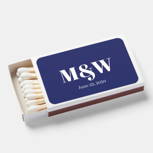 Modern navy blue white custom initials wedding matchboxes
