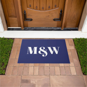 Modern navy blue white custom monogram initials doormat