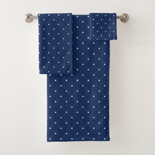 Modern Navy Blue  White Dot Checkered Pattern Bath Towel Set