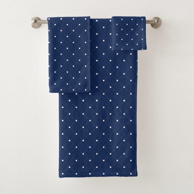 Modern Navy Blue & White Dot Checkered Pattern Bath Towel Set (Insitu)