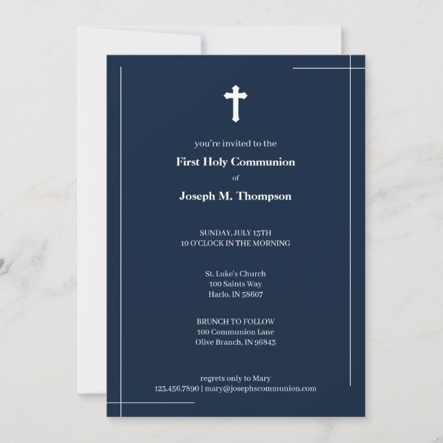Modern Navy Blue & White First Holy Communion Thank You Card (Front)