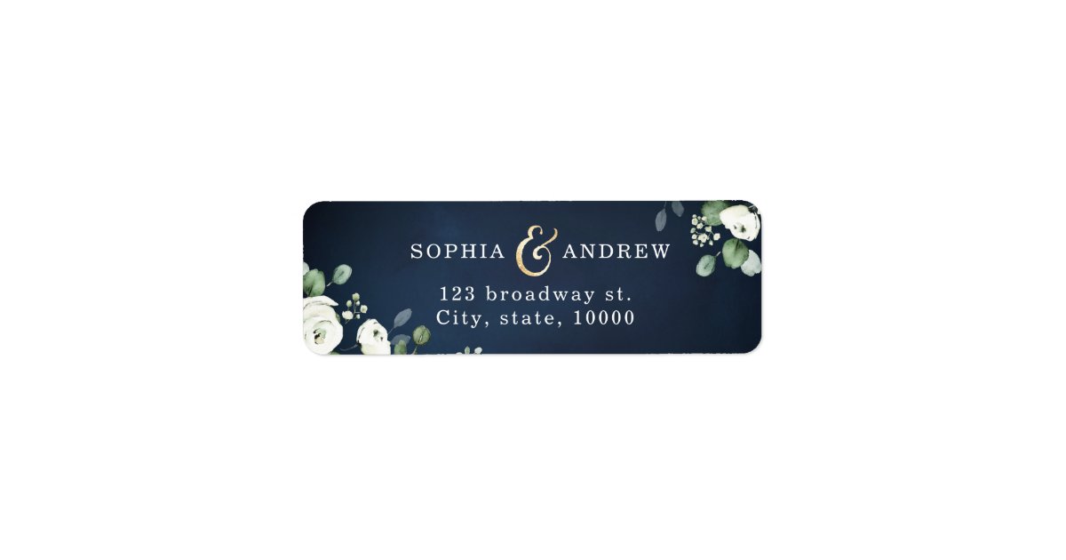 Modern navy blue white floral return address label | Zazzle
