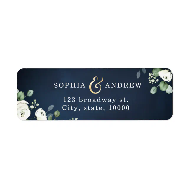 Modern navy blue white floral return address label | Zazzle