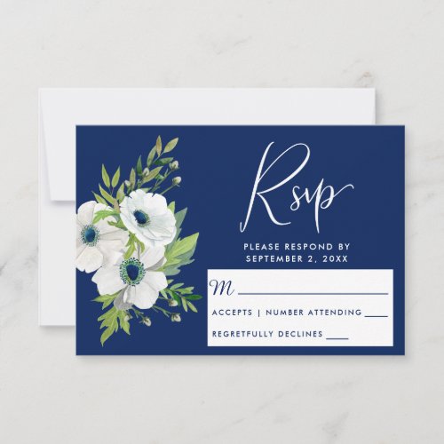 Modern Navy Blue White Floral Watercolor RSVP Card