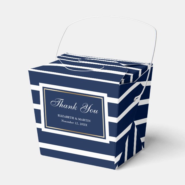 Modern Navy Blue White Gold Wedding Thank You Favor Boxes (Front Side)