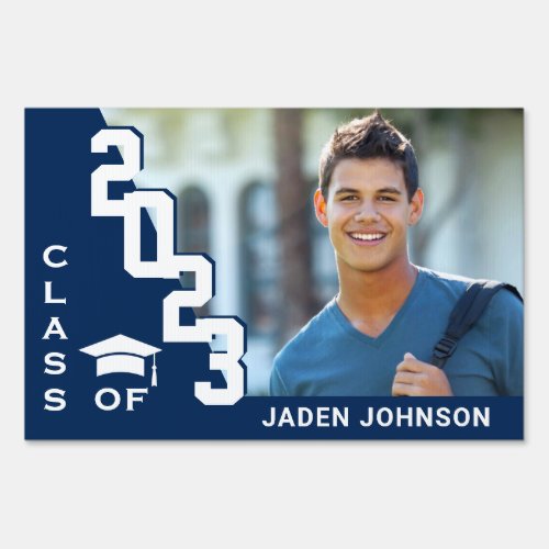 Modern Navy Blue White Graduation Photo Yard Sign