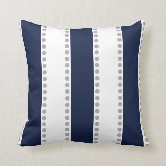 Modern Navy Blue White Gray Polka Dots Stripes Throw Pillow