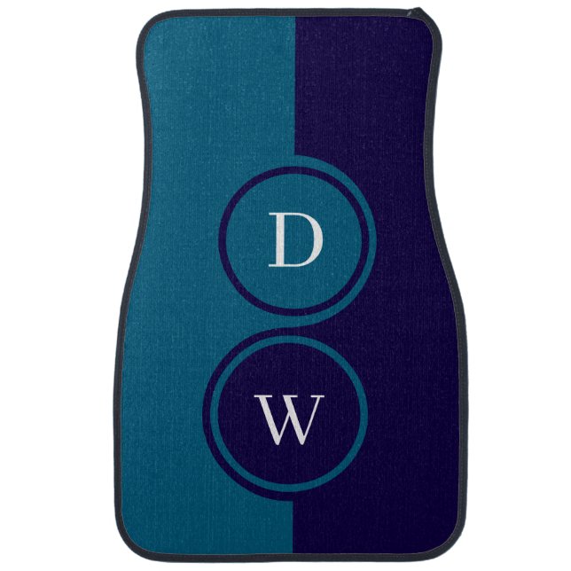 Modern navy blue & white monogram car floor mat (Front)