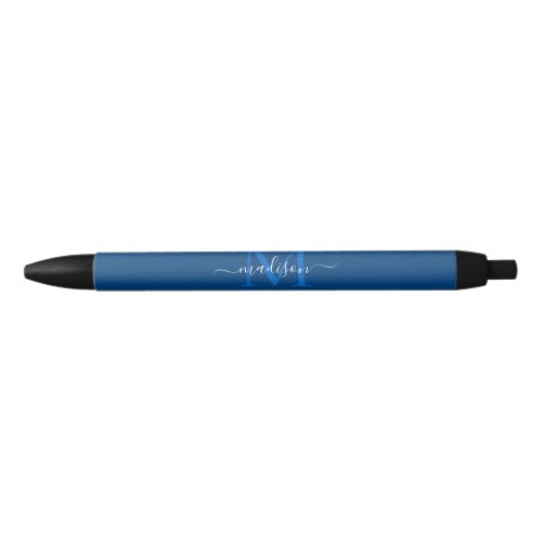 Modern Navy Blue White Monogram Girly Script Name Black Ink Pen