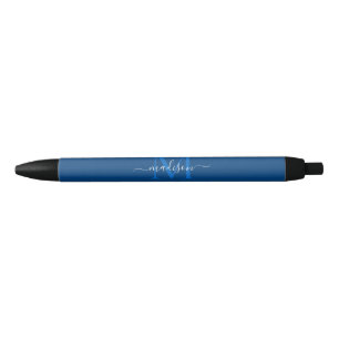 Modern Navy Blue White Monogram Girly Script Name Pen