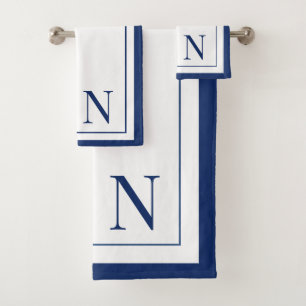 Modern navy blue white monogram initial bath towel set