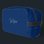 Modern Navy Blue White Monogram Mens Womens Travel Dopp Kit<br><div class="desc">Create your own custom, personalized, beautiful modern elegant white script / typography monogram monogrammed, durable Polyester Poplin, sturdy polyester fabric mens womens kids solid dark navy blue cosmetic makeup toiletry organizer golf beach accessory gym travel dopp kit bag pouch with a zippered closure, two interior mesh pockets - one zippered...</div>