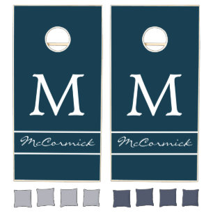 Modern Navy Blue White Monogram Name Family Custom Cornhole Set