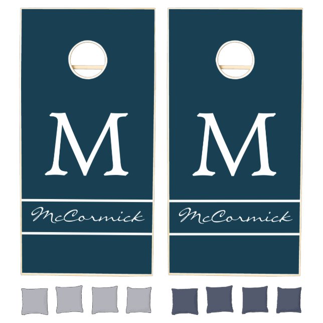 Modern Navy Blue White Monogram Name Family Custom Cornhole Set (Set)