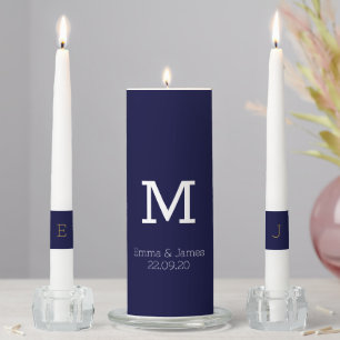 Modern Navy Blue & White Monogram Name Initial  Unity Candle Set