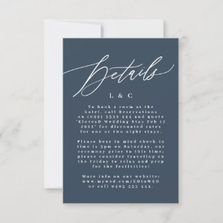 Modern Navy Blue & White Monogram Wedding Details RSVP Card