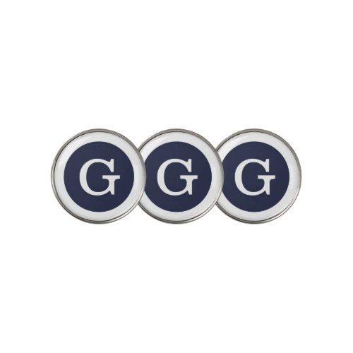 Modern Navy Blue White Monogram with Circle Border Golf Ball Marker