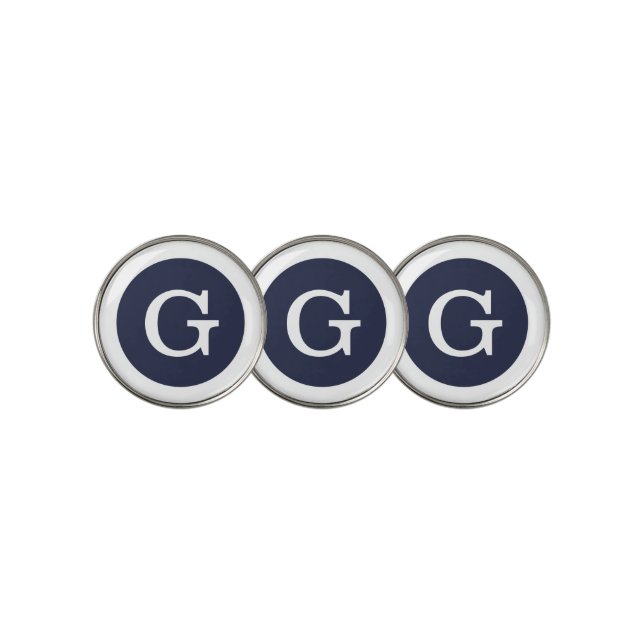 Modern Navy Blue White Monogram with Circle Border Golf Ball Marker (3 Up)