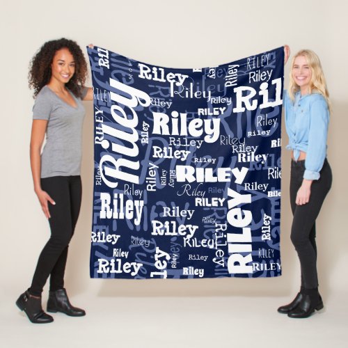 Modern Navy Blue White Name Repeating Pattern  Fleece Blanket