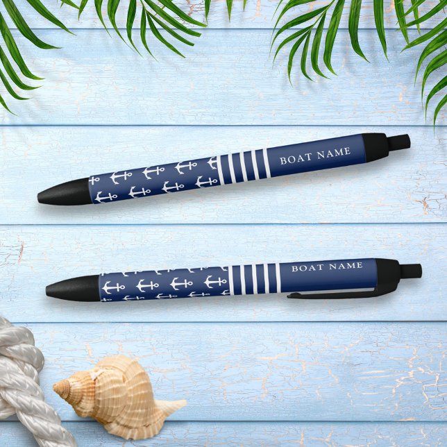 Modern Navy Blue White Nautical Anchor Boat Name Pen (Creator Uploaded)