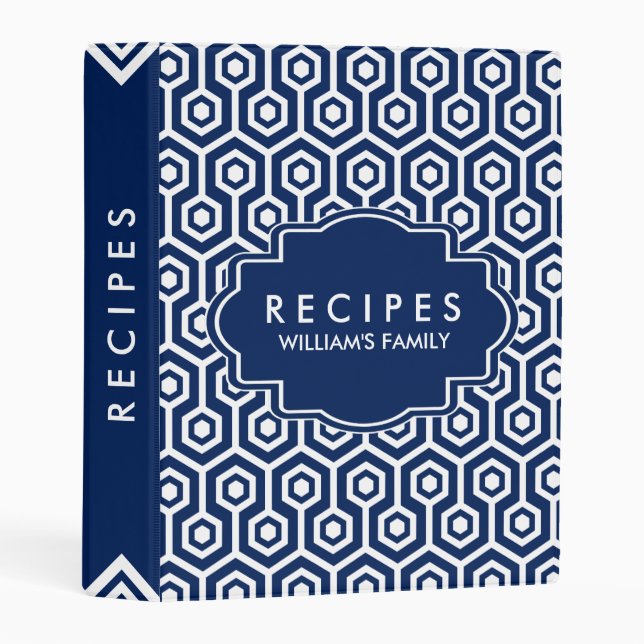 Modern Navy-Blue & White Octagonal Pattern Mini Binder (Front/Spine)