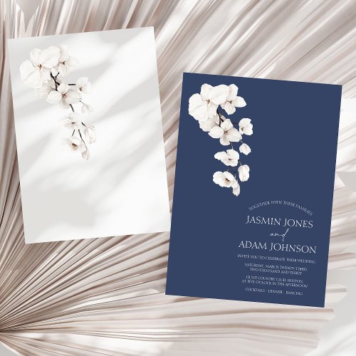 Modern Navy Blue White Orchids Flowers Wedding Invitation