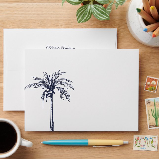 Modern Navy Blue White Palm Tree Beach Wedding Envelope (Desk)