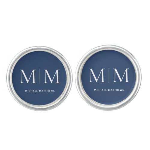 Modern Navy Blue White Personalized Monogram Name  Cufflinks