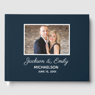 Modern Navy Blue White Photo Front Wedding Guest Book