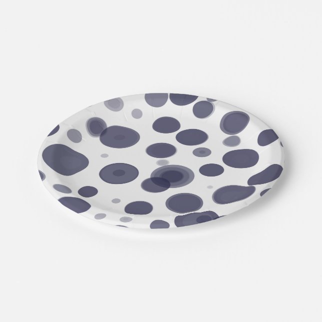 Modern Navy Blue & White Polka Dot Bubbles Party Paper Plates (Angled)