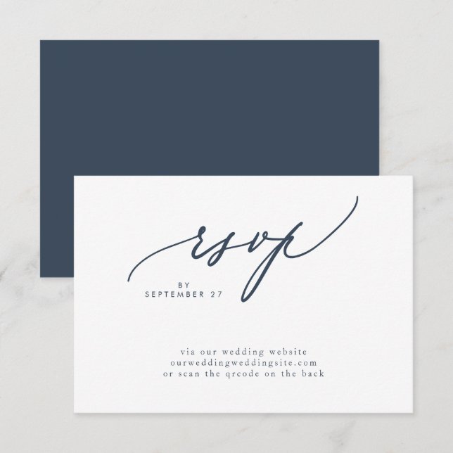 Modern Navy Blue White Simple Wedding QR CODE RSVP Card (Front/Back)