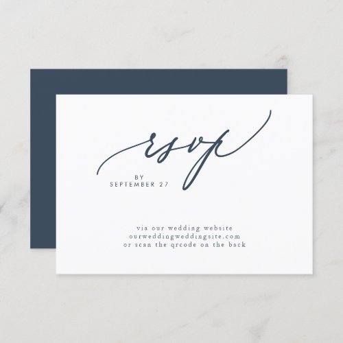 Modern Navy Blue White Simple Wedding QR CODE RSVP Card