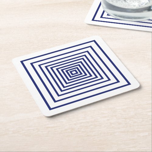 Modern navy blue white squares geometric pattern square paper coaster