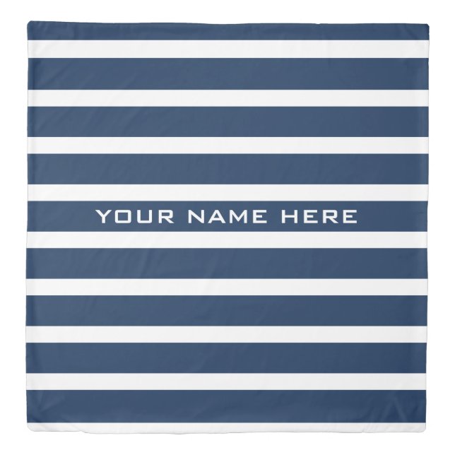 Modern navy blue & white stripe custom queen size duvet cover (Front)