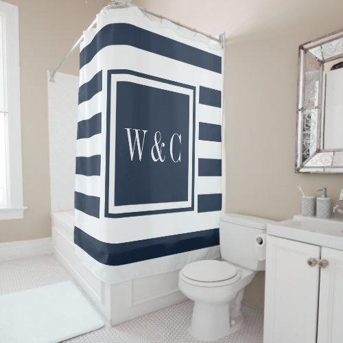 Modern Navy Blue White Stripe Trendy Monogram Shower Curtain