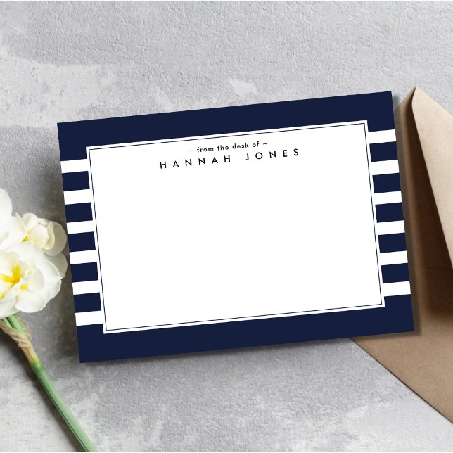Modern Navy Blue White Striped Border Note Card (Creator Uploaded)