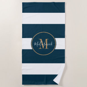 Modern Navy Blue White Striped Gold Monogram Name Beach Towel