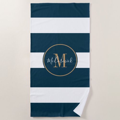 Modern Navy Blue White Striped Gold Monogram Name Beach Towel